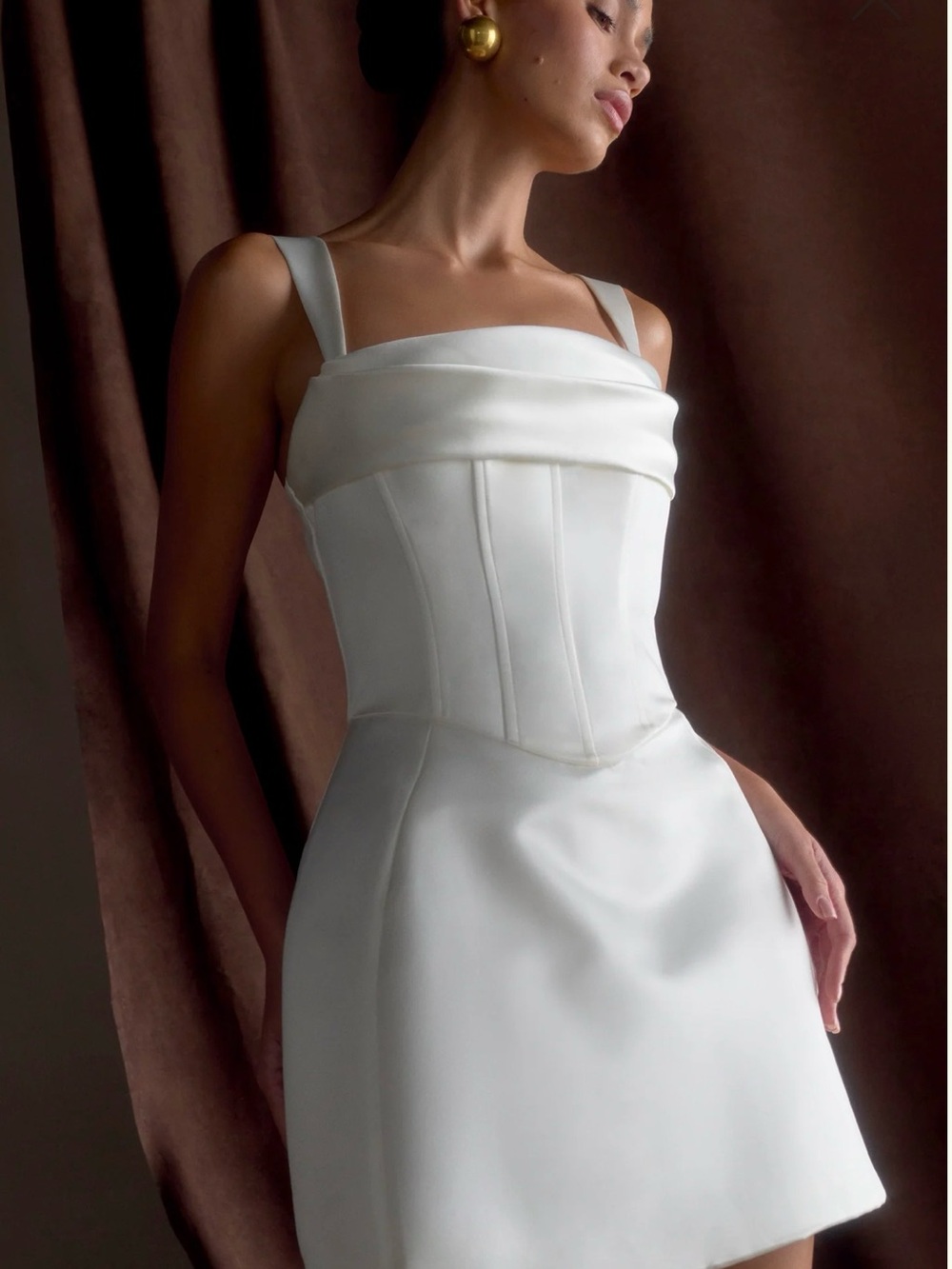 Meshki White Satin Midi Dress with Structured Corset